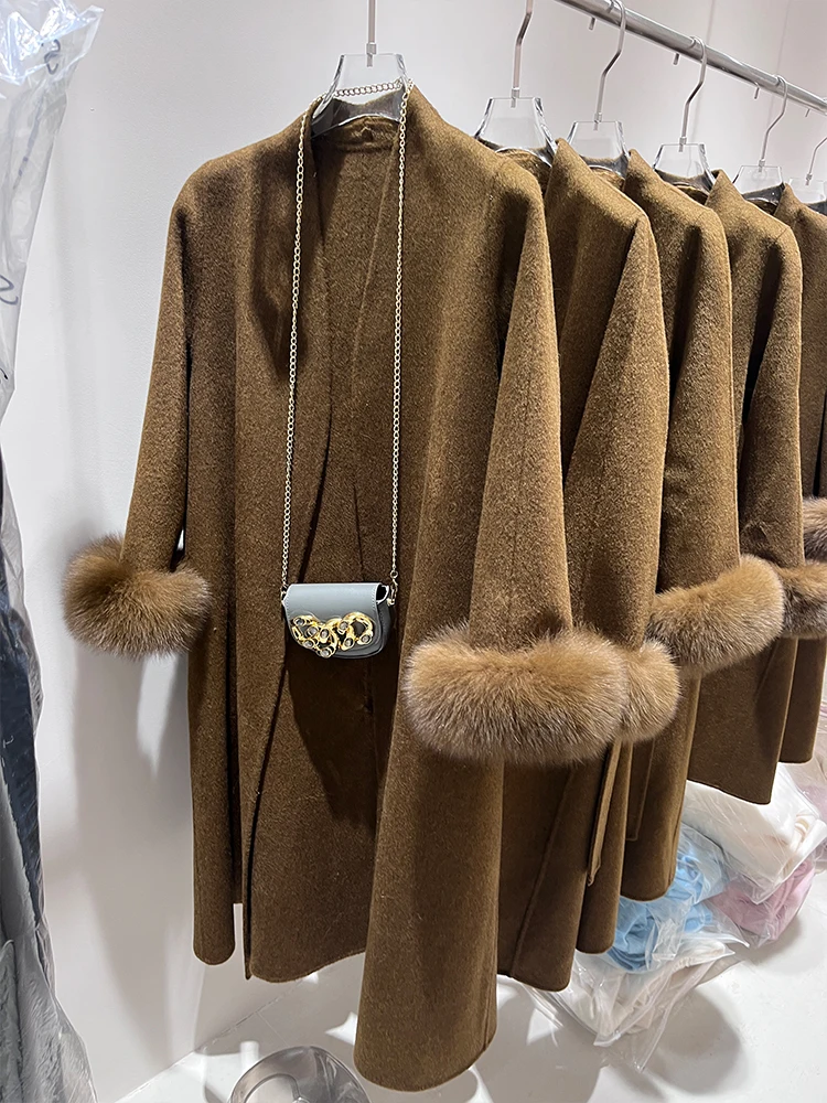 2024 New Fashion Winter Cashmere Wool Woolen Long Coat Real Fur Jacket Women Natural Fox Fur Cuffs Ladies Outerwear Female Coat