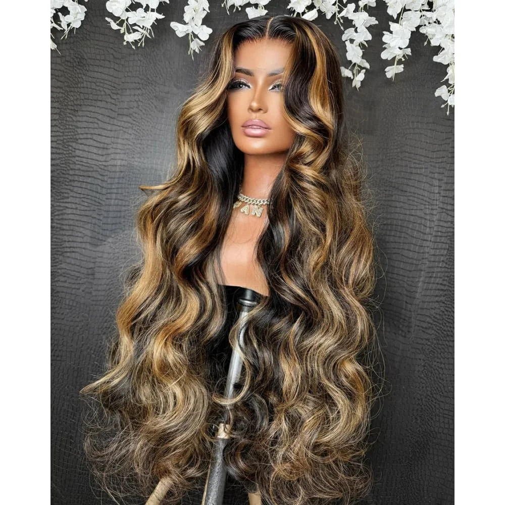 30 Inch Honey Blonde Ombre Lace Front Wig Highlights 13x4 HD Lace Front Wig 4/27 Highlight Ombre Body Wave Lace Frontal Glueles
