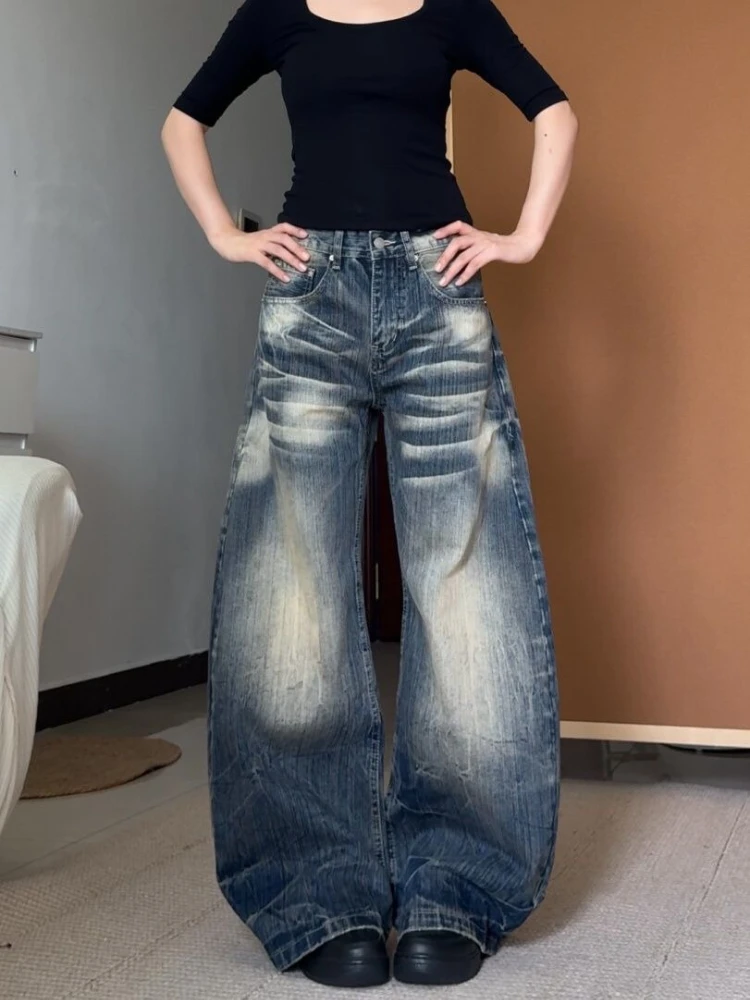 

Deeptown Blue Boyfriend Jeans Woman Washed Distressed Wide Leg High Waist American Retro Denim Trousers Baggy Hip Hop Casual