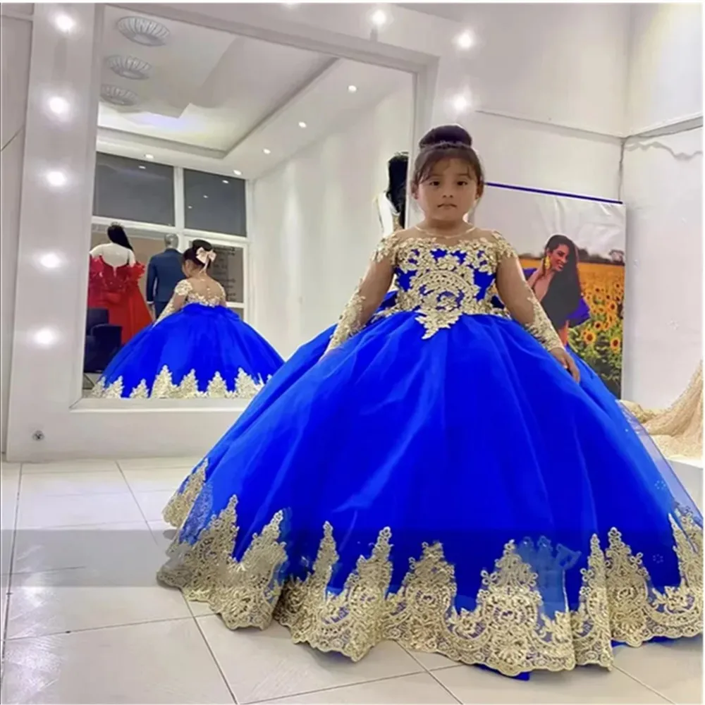 

Customized Royal Blue Flower Girl Wedding Dress Puffy Appliques Big Bow Elegant Princess Birthday Prom Kids First Communion Gown