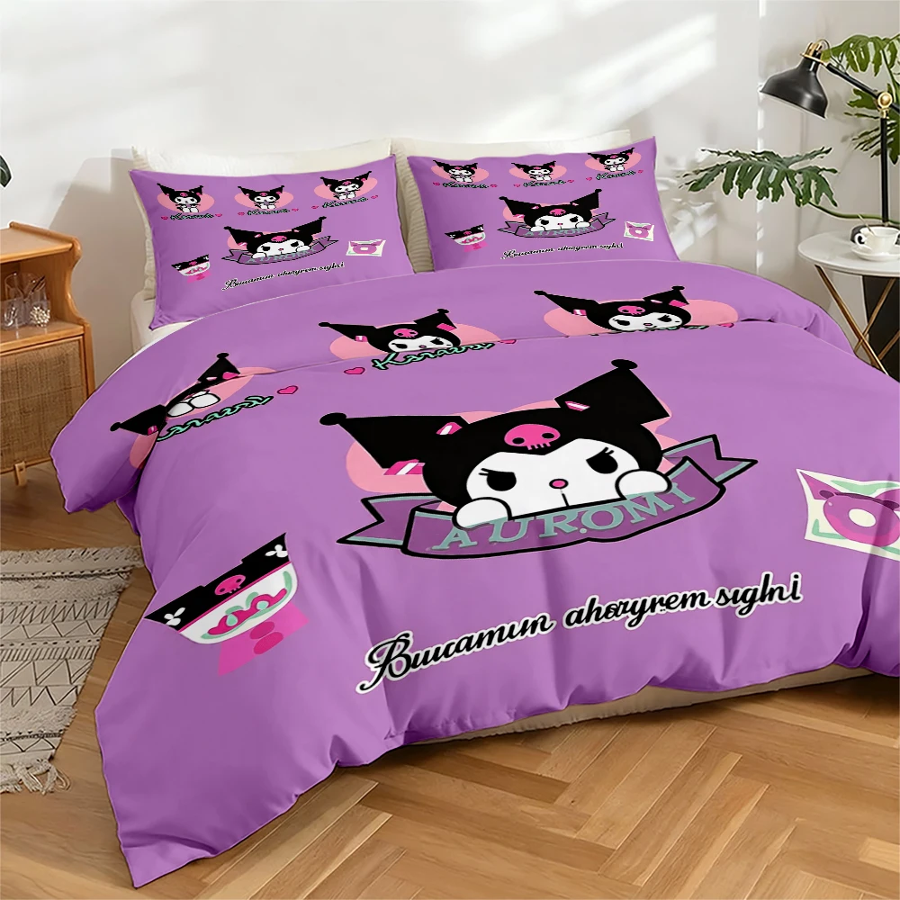 3-Piece High-Definition Digital Print Bedding Set, Large Floral Pattern Quilt Cover Set with Kuromi Print, Includes 1 Quilt Cover + 2 Pillowcases, Suitable for Bedroom, Guest Room, Home Decoration, Polyester Fiber Quilt Cover + Pillowcase, Ultra-Soft Bedding, Thick Fabric, Suitable for All Seasons, Machine Washable view 3