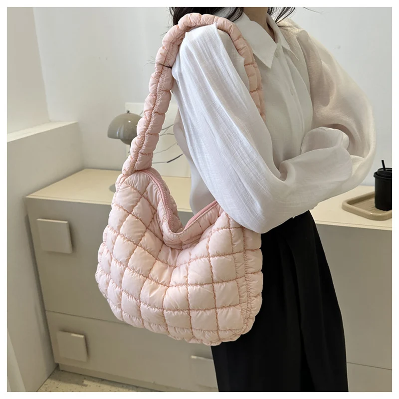 

Casual Ruched Hobos Women Shoulder Bags Quilted Padded Crossbody Bag Large Capacity Nylon Puffer Tote Bag Big Shopper Purses