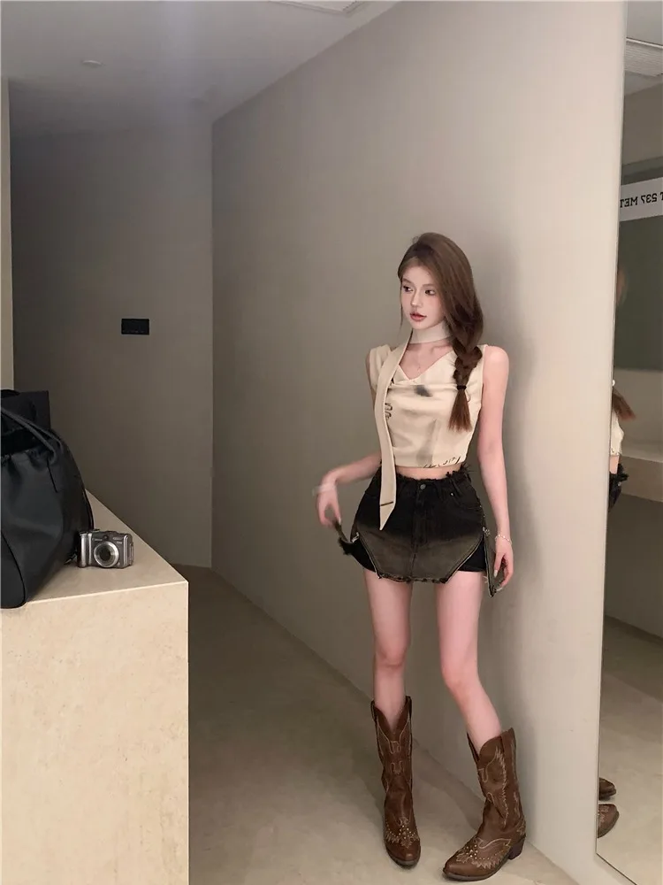 

Spicy Girl Retro Dyed Ne Hanging Sa Top Women Summer Pure Desire Tube Top ort Vest Korean Sle Slim Fit Cotton Blend