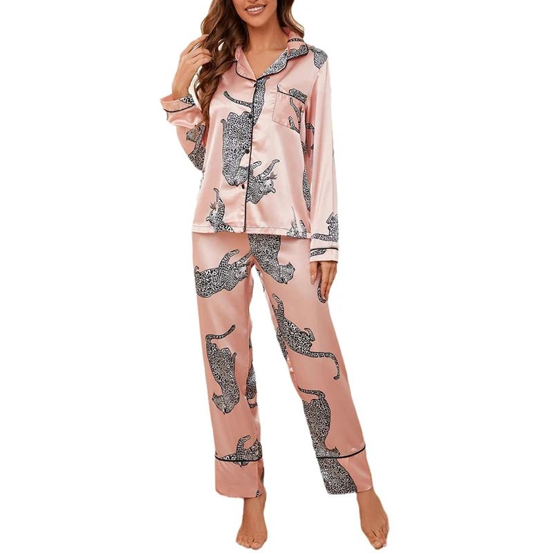 Silk Satin Print Pajamas For Women\'s Autumn Long Sleeve Cardigan Trousers Sets Button Home wear Suit Sleepwear Lapel Nightwear