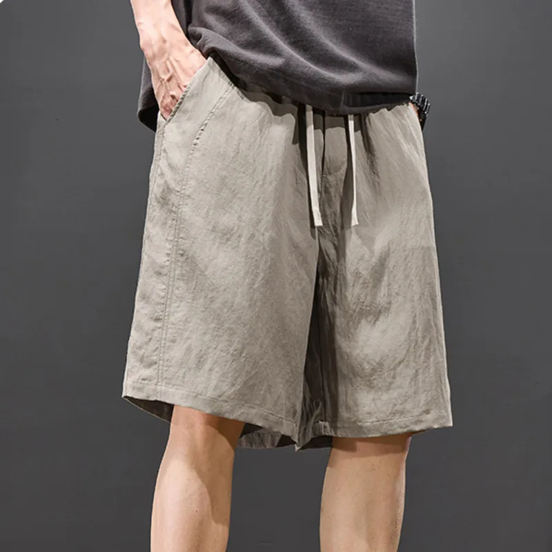 Men Tencel Linen Shorts Summer Breathable Lightweight Loose Fit Straight-leg Casual Elastic Waistband Quick-Dry Short Trousers