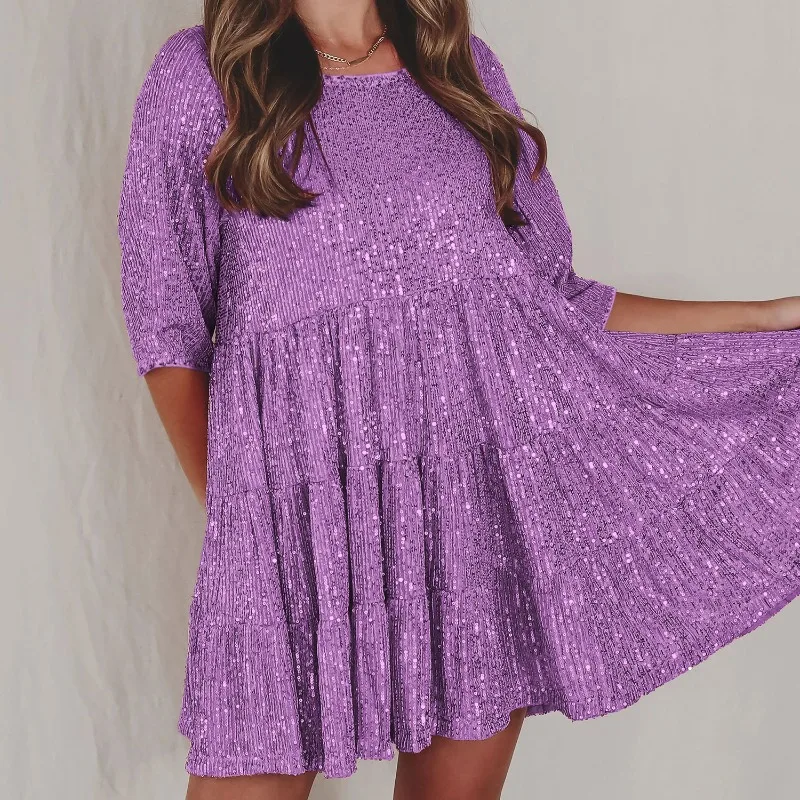 

Casual Loose Short Sleep Dresses for Summer Women's Dress with pocket 2024 New O-neck sequin bead pleated Mini Dress Woman