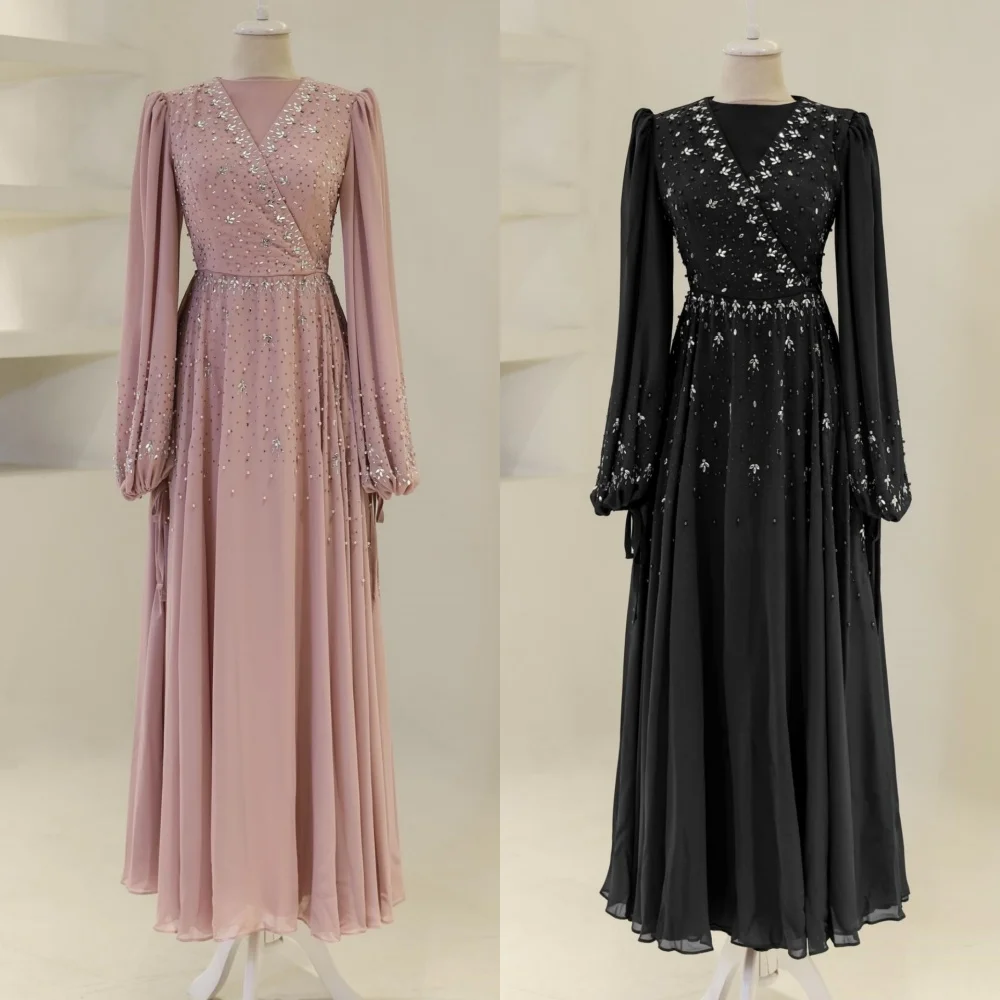 Customized High Quality Chiffon Pattern Pleat Sequined A-line Jewel Long Dresses Bespoke Occasion Cocktail Sparkle Matching