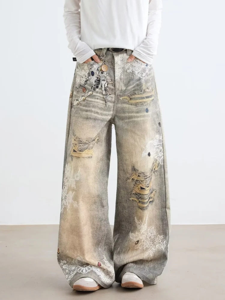 2025 سايبر Y2K الشارع الشهير ثلاثية الأبعاد مطبوعة خمر الأزرق فضفاض الجينز السراويل للرجال الملابس واسعة الساق القوطية موضة جديدة سراويل جينز #6