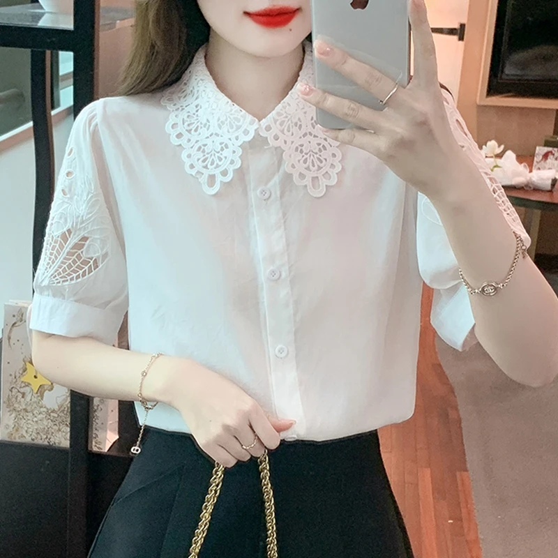 White Hollow Out Office Shirts for Women Short Sleeve Slim Korean Fashion Y2k Clothes Casual Elegant Ladies Tops and Blouses