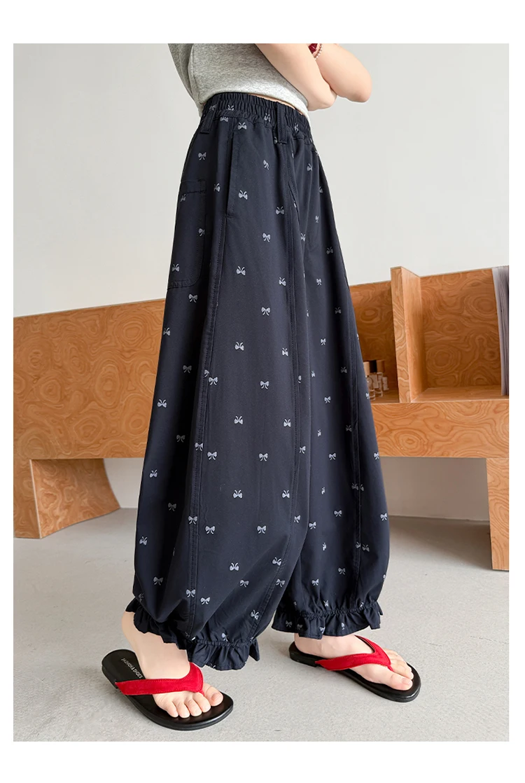 Elegante Kinder-Freizeithose mit Rüschen und Schleife für Mädchen im Alter von 5, 6, 8, 10, 12, 14 Jahren, Marineblau – Detail 6