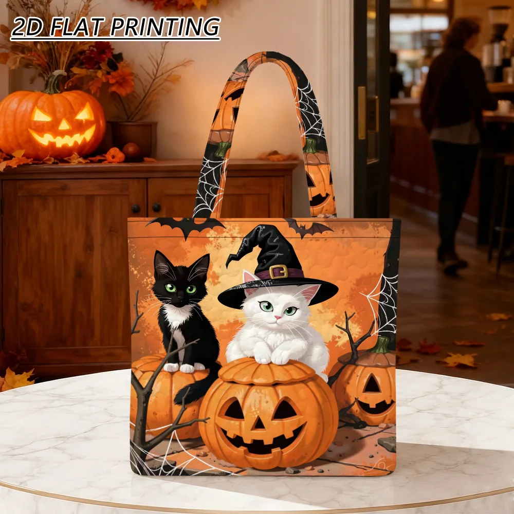 1pc Cats on pumpkins Quilted Women'S Shoulder Bag, Fine Craft For Grocery And Halloween Holiday Gifts, Daily