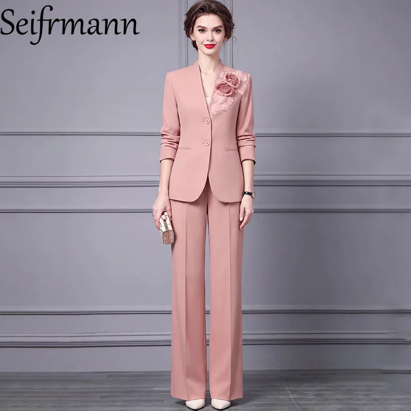 Seifrmann Solid color two-piece v-neck long-sleeved beaded top and trousers suit 2026 autumn fashion women's new style