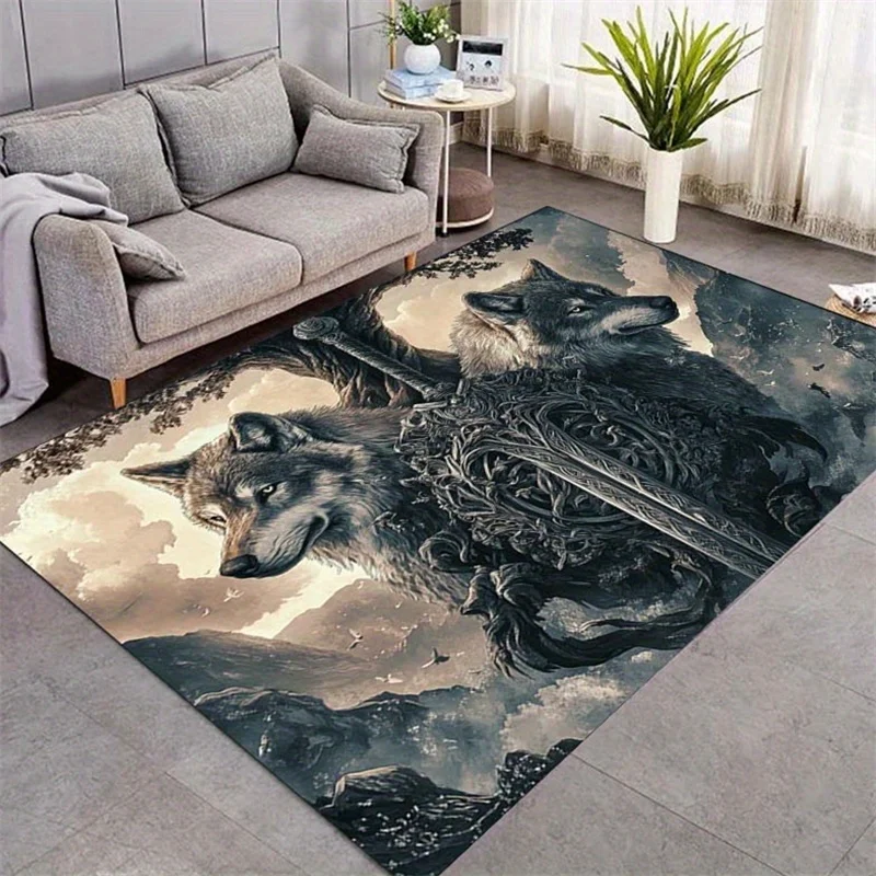1pc Vintage Viking Mythology Tree of Life Wolf Head Holy Sword Area Rug, Versatile Home Decor, Ideal Interesting Gift, Perfect