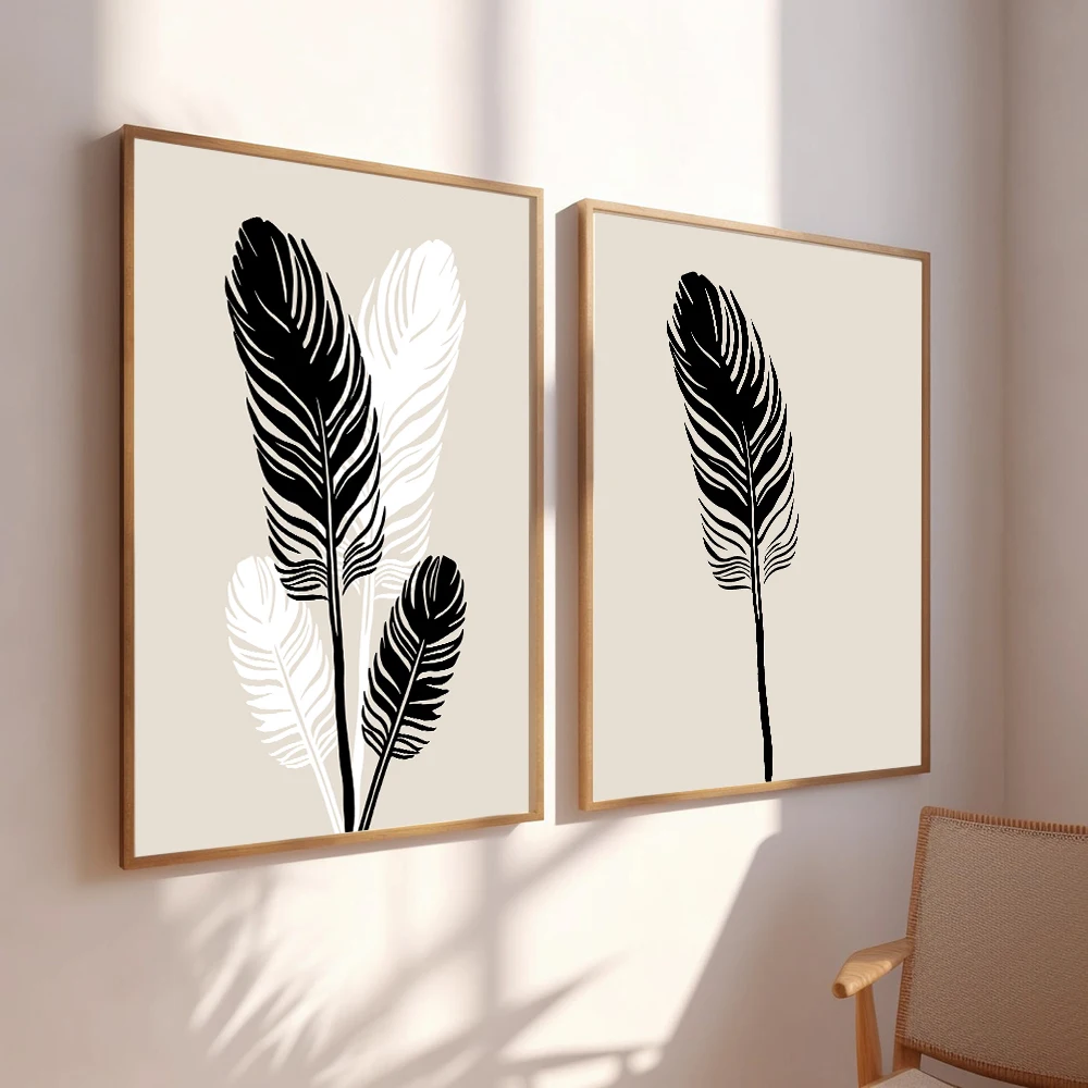 

Home Decoration living room decor bedroom decor Posters Neutral Feather Botanical Wall Art Print Beige Black Canvas Painting