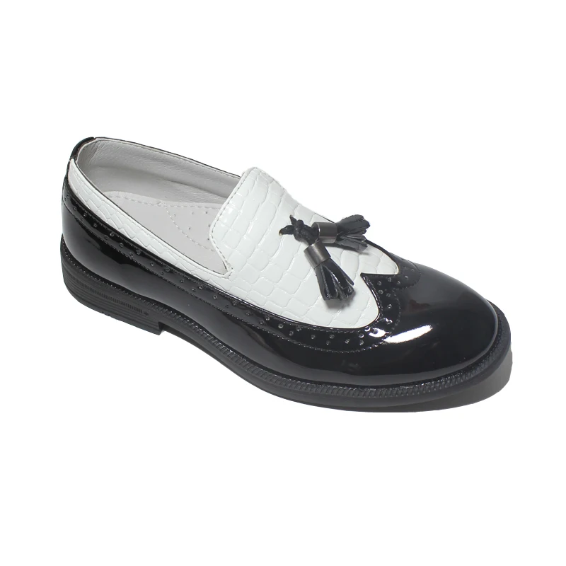 British Style Boys Leather Shoes Comfy Slip On Black And White Loafers For Kids Smart Formal Italian Dress Party Shoes Low Heel