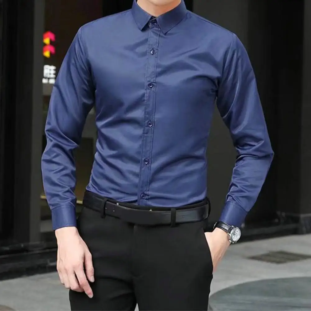 Men British Business Formal Social Long-sleeved Shirts Solid Color Homme Casual Slim Front Personality Party Banquet Blouse