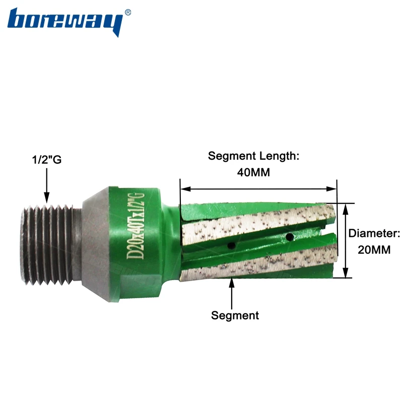 Boreway D20*40T CNC Finger Bit With 1/2\'\'Gas Thread Segment Diamond Finger Milling Bits For Grinding Granite Marble Stone Slab