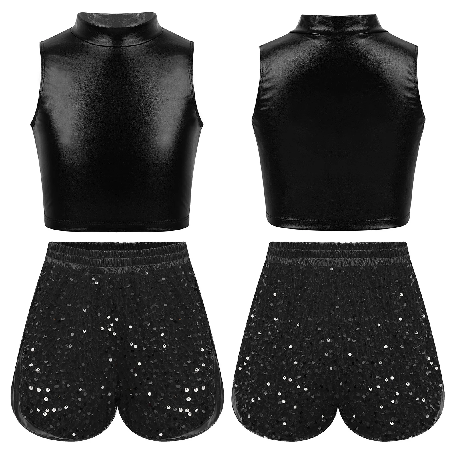 

Children's Hip-hop Set Girls Shining Sequins Jazz Dance Outfits Sleeveless Metallic Crop Top with Velvet Shorts Performance Sets