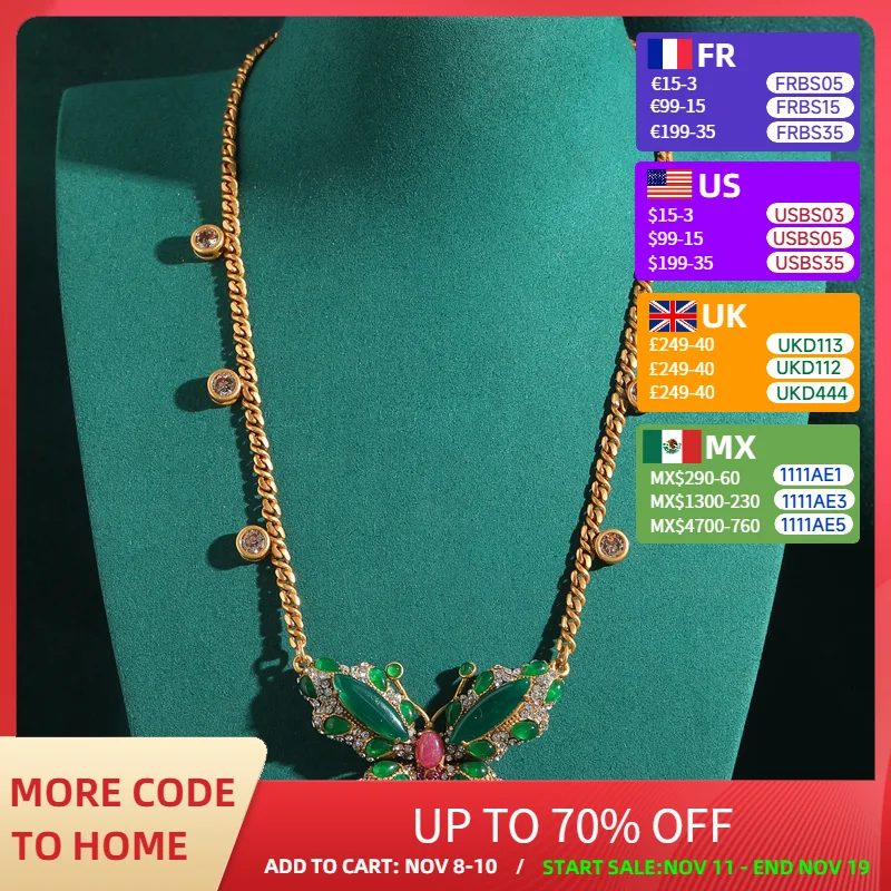 خمر الزمرد الأخضر فراشة قلادة الزجاج الصقيل المرأة الجميلة العتيقة الذهب اللون سلسلة كريستال فاخر مصمم المجوهرات #1