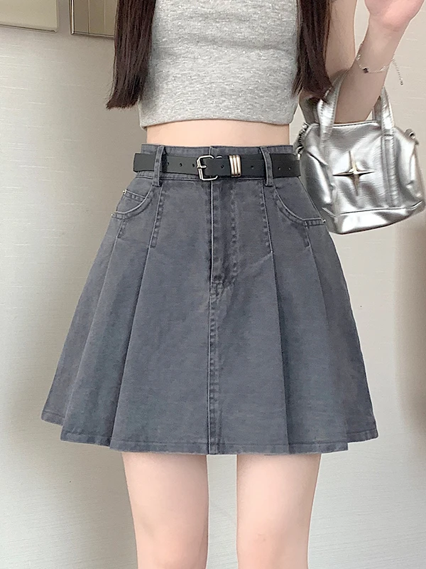 High Waist A-Line  Skirt Women's Summer New Style Jeans Half-length Slimming SkirtsJEWTEN Brand Pure Color Pleated Skirt