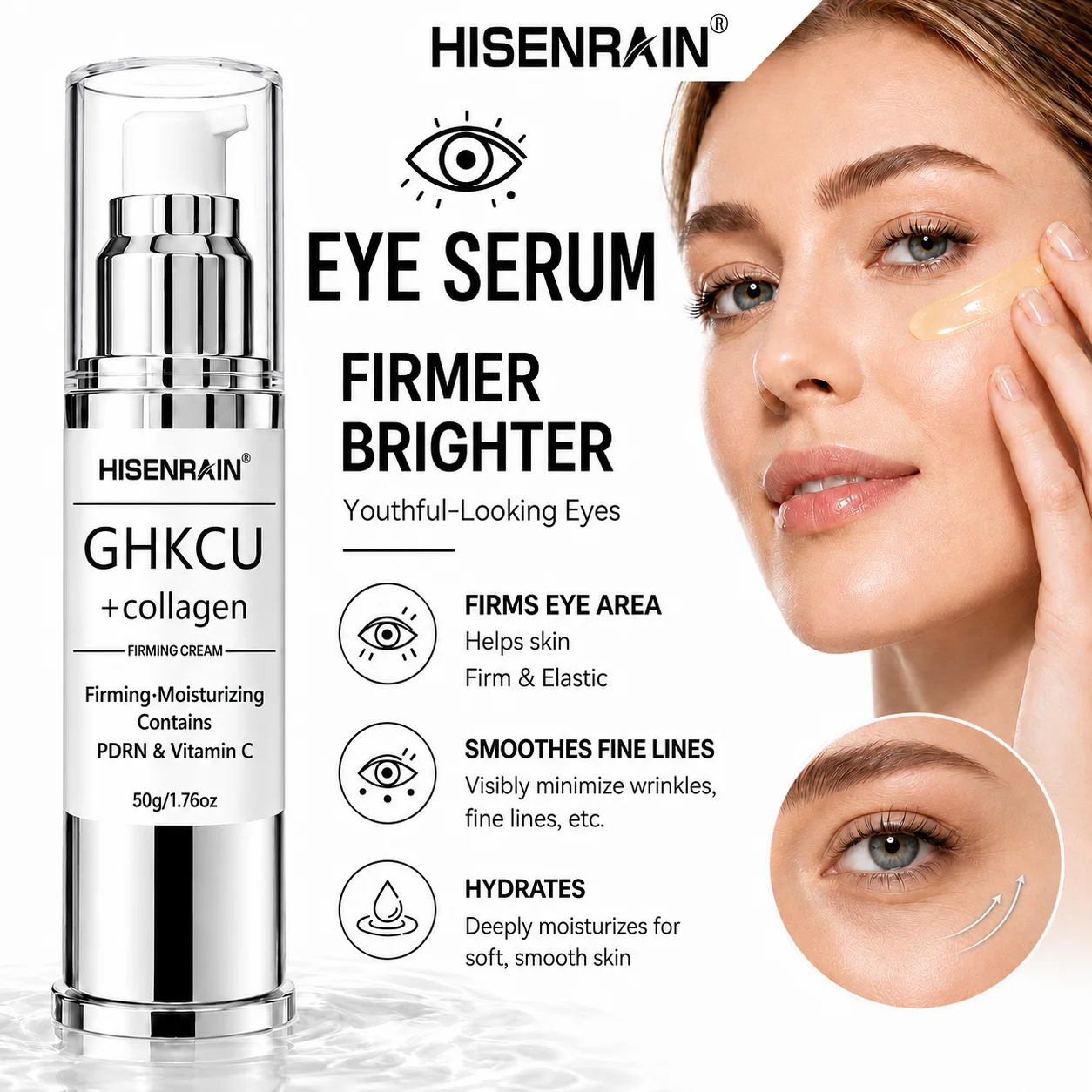 HISENRAIN GHKCU+collagen korean-style firming moisturizing eye cream, lifts and firms saggy eye bags,  evens out under-eye skin