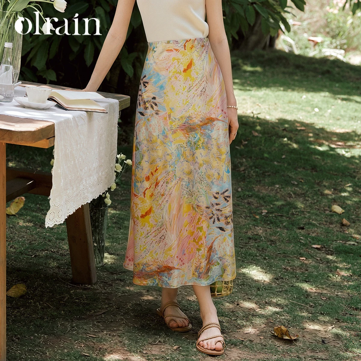 OLrain Vintage Oil Painting Print A-Line Long Skirt for Women 2026 Summer New Elegant Vacation Casual Straight Skirt O58XB008039