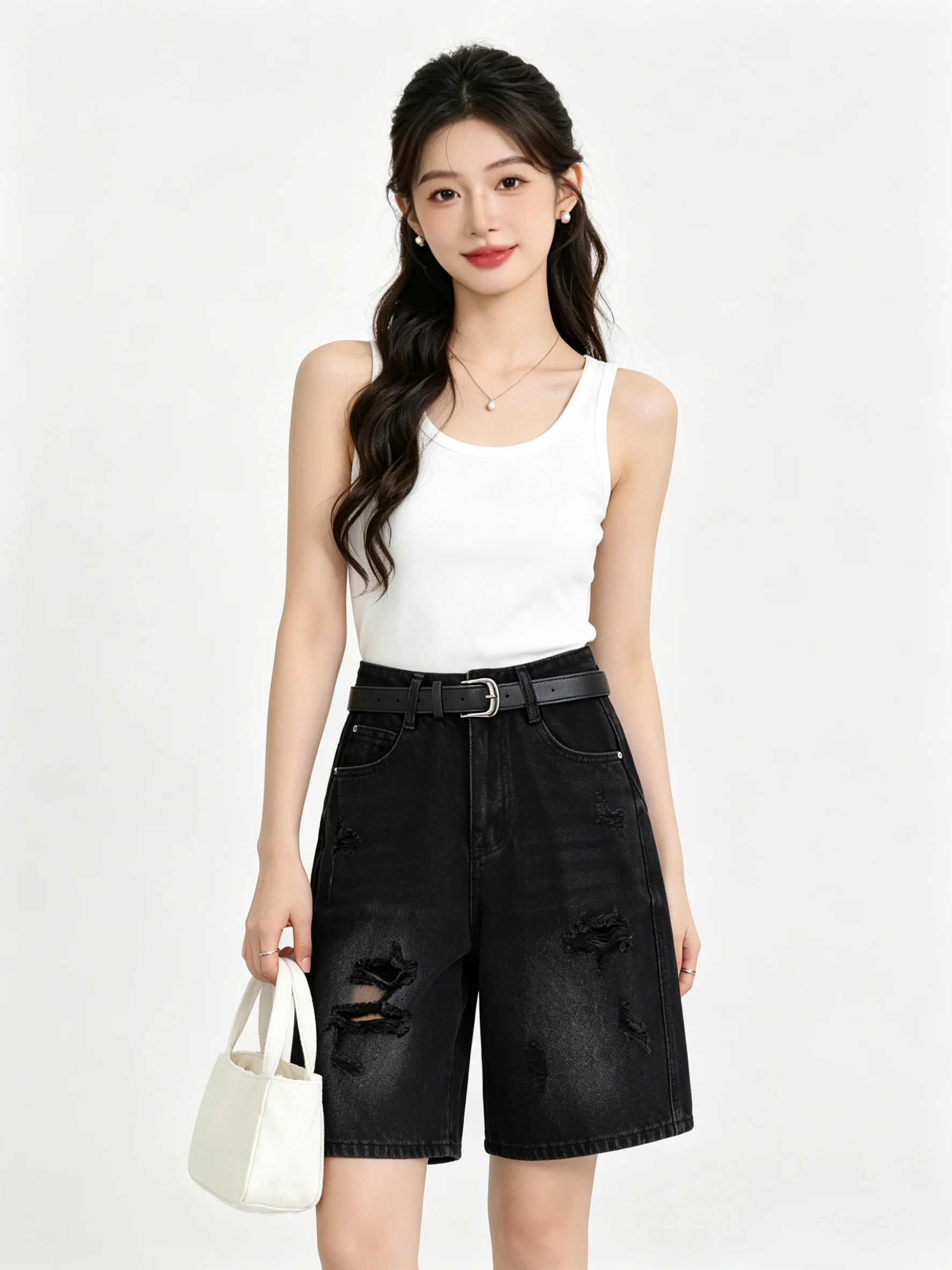 

Black Faded Vintage Hole Design Soft Jeans Wide Leg Pants Summer New Style Age Reduction Versatile Five-Quarter Pants Commuting