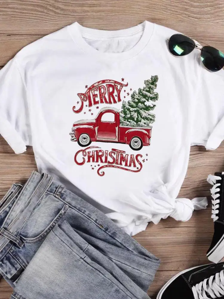 

Tree Truck 90s Cute Clothing Fashion Female New Year T-shirts Merry Christmas Women Holiday Shirt Print T Top Graphic Tee