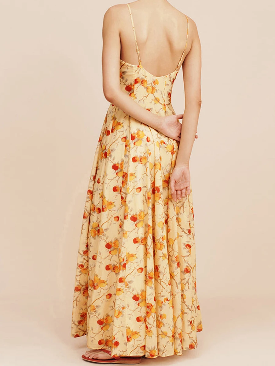 Abito estivo lungo da donna con stampa floreale a pois senza maniche con cinturino per spaghetti