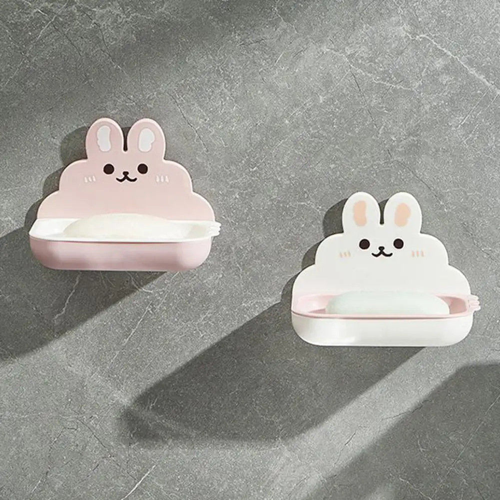 Solid Plastic Soap Dish Adorable Cartoon Rabbit Wall Mount Soap Dish Double Layers No Drill Installation Ideal Kitchen Bathroom