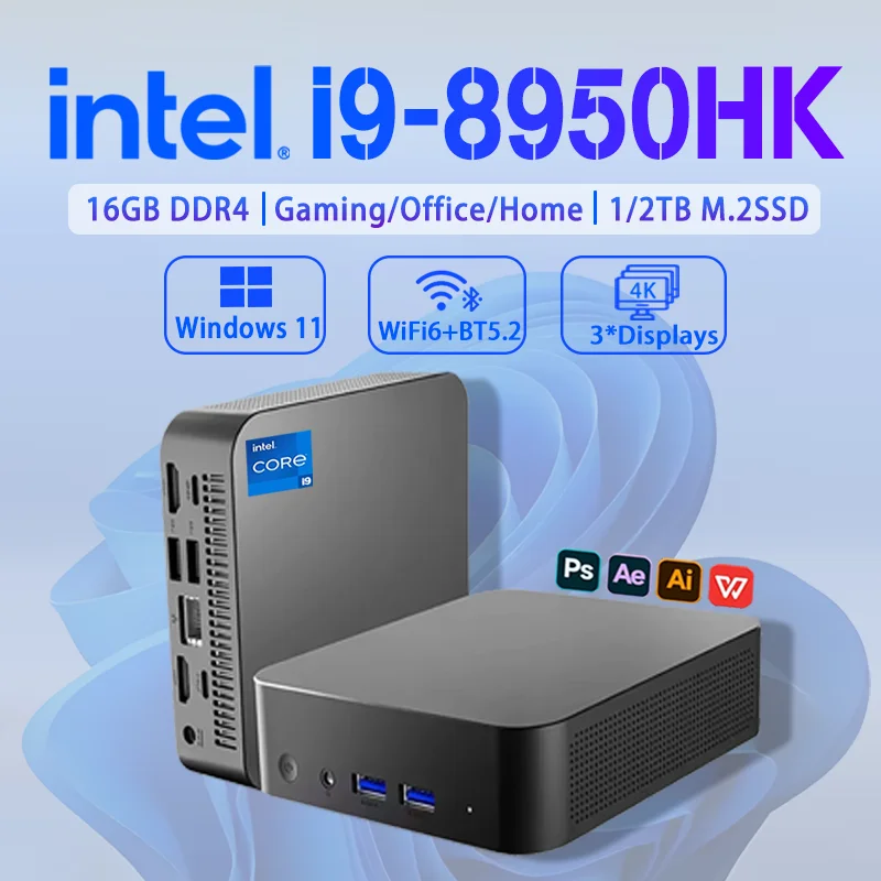 

【3 года гарантии】 МИНИ-ПК Windows 11 Intel Core i9 8950HK 16 ГБ ОЗУ 1 ТБ SSD Компьютер Dual WIFI 6 BT5.2 4K HD Мини-игровой ПК
