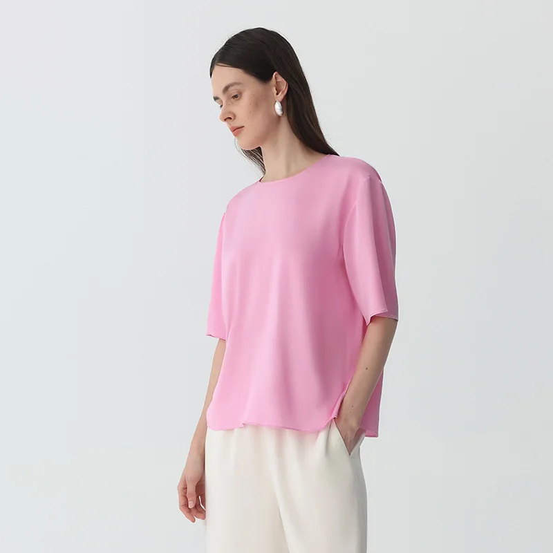 2026 New 100% Mulberry Silk T-Shirt Women Crew Neck Short Sleeve Casual Blouse Pink Office Top Casual Style