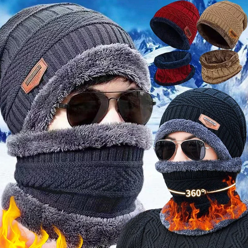 Winter Fleece Knitted Scarf Hats Plush Thick Velvet Warm Beanies Wool Knit Cap Men Women Cycling Cold Protection Neck Mask Cap