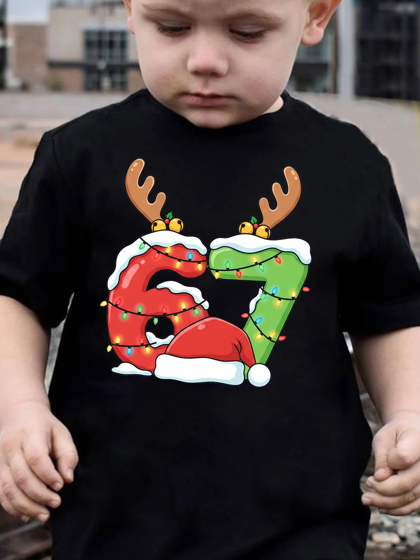 Kids Christmas Number 67 Reindeer Antler Graphic Tee Boys Girls Family Matching Short Sleeve Holiday Cartoon Casual Wear T Shirt