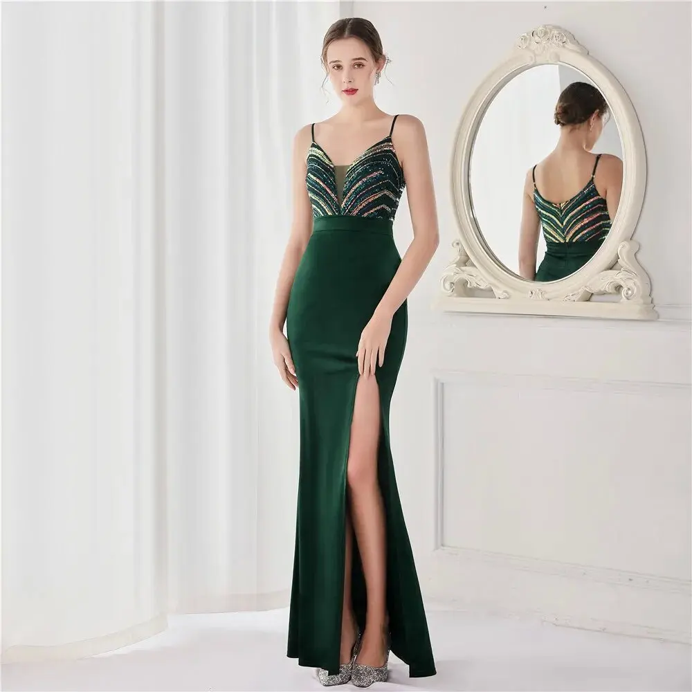 Green Long Mermaid Dress Evening Stretch Velour Sequins Floor Length Backless Charming Wedding Party Women Formal Gowns In