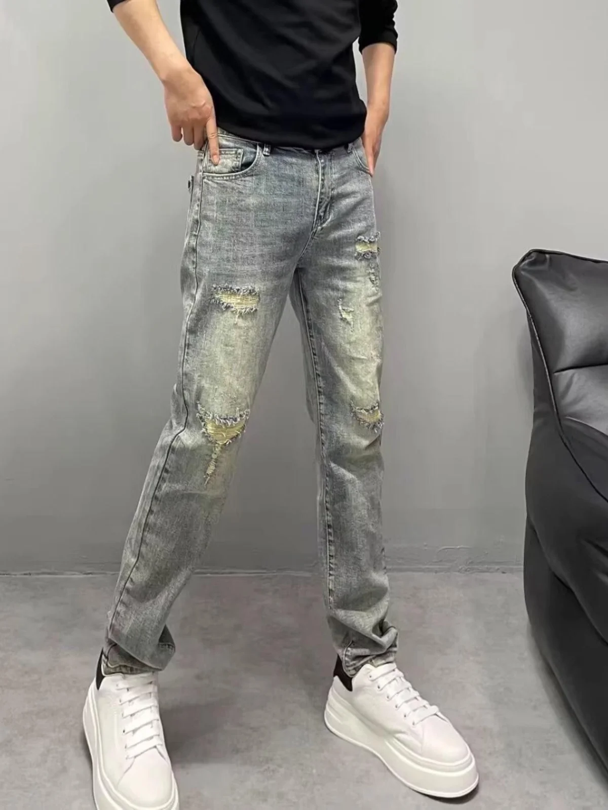 

Design Patched Hole Jeans Men's Trendy Brand Slim Fit Waed Retro Casual Faion Slimming Long Pants Youth Summer High Waist