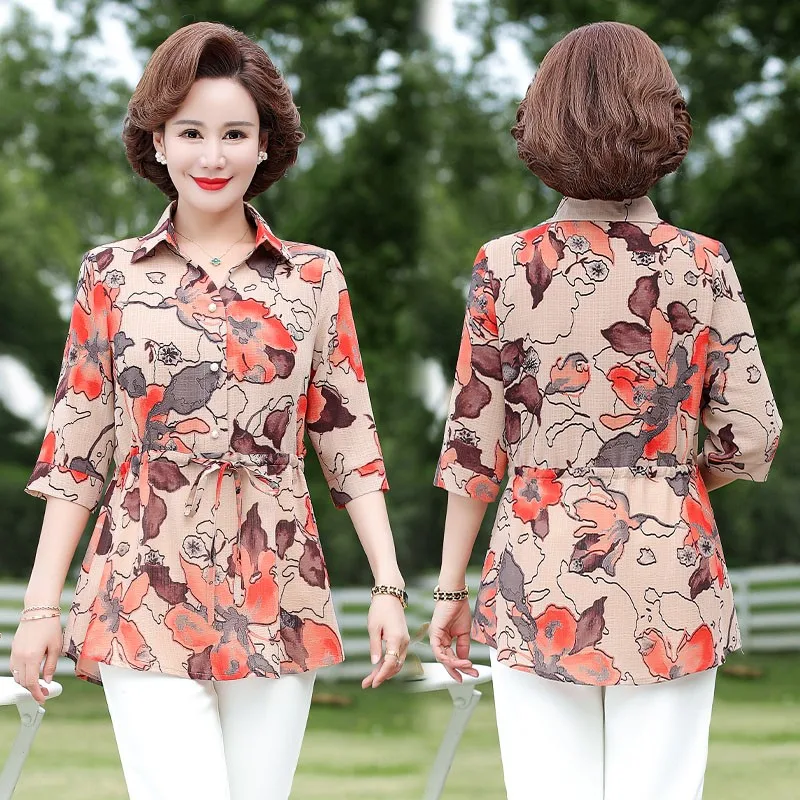 Plus size Middle-Aged Elderly Female Blouse Spring Summer long Shirt Womans Mother Ladies Coat Seven Sleeves Collared Shirt Tops