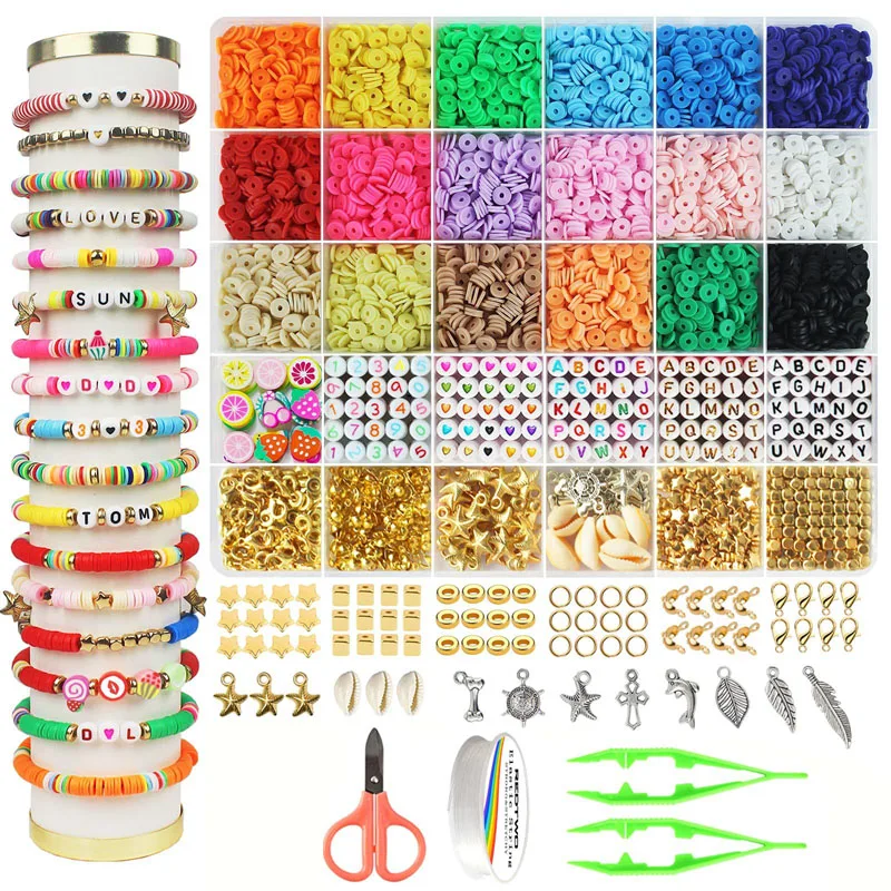 

Flat Round Polymer Clay Beads Kit 6mm Spacer Beads Letter Beads With Elastic Strings For DIY Jewelry Bracelets Necklace Making