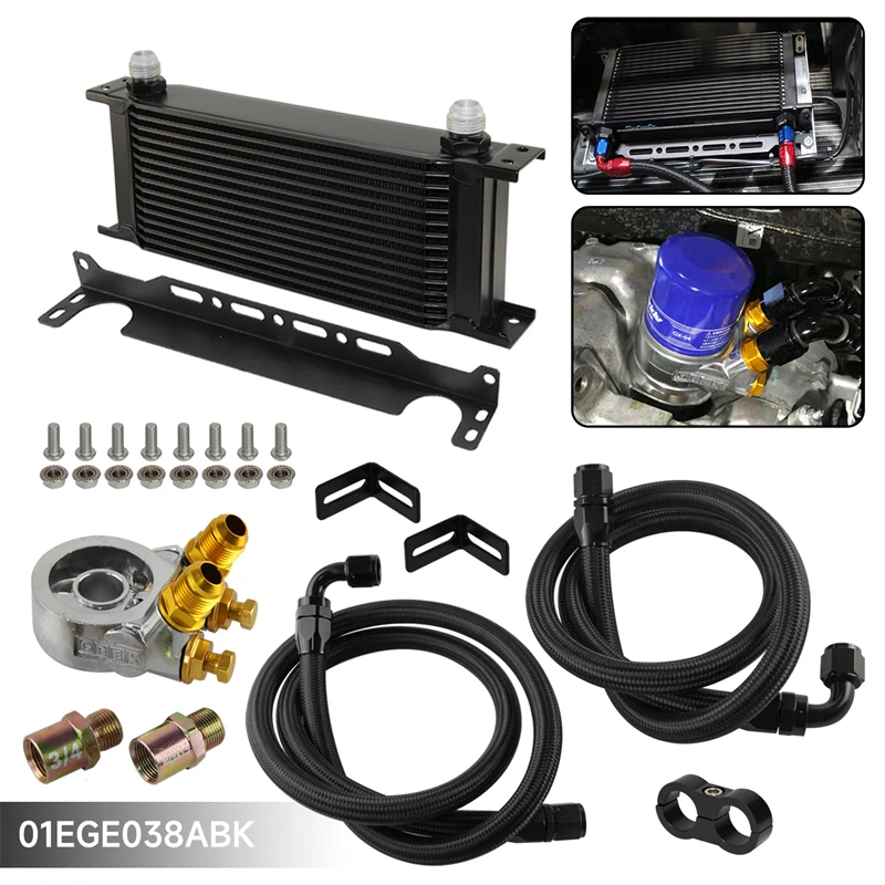 

Universal 15 Row 10AN Engine Oil Cooler Kit with Thermostatic Oil Filter Sandwich Plate Adapter M20x1.5 3/4-16UNF