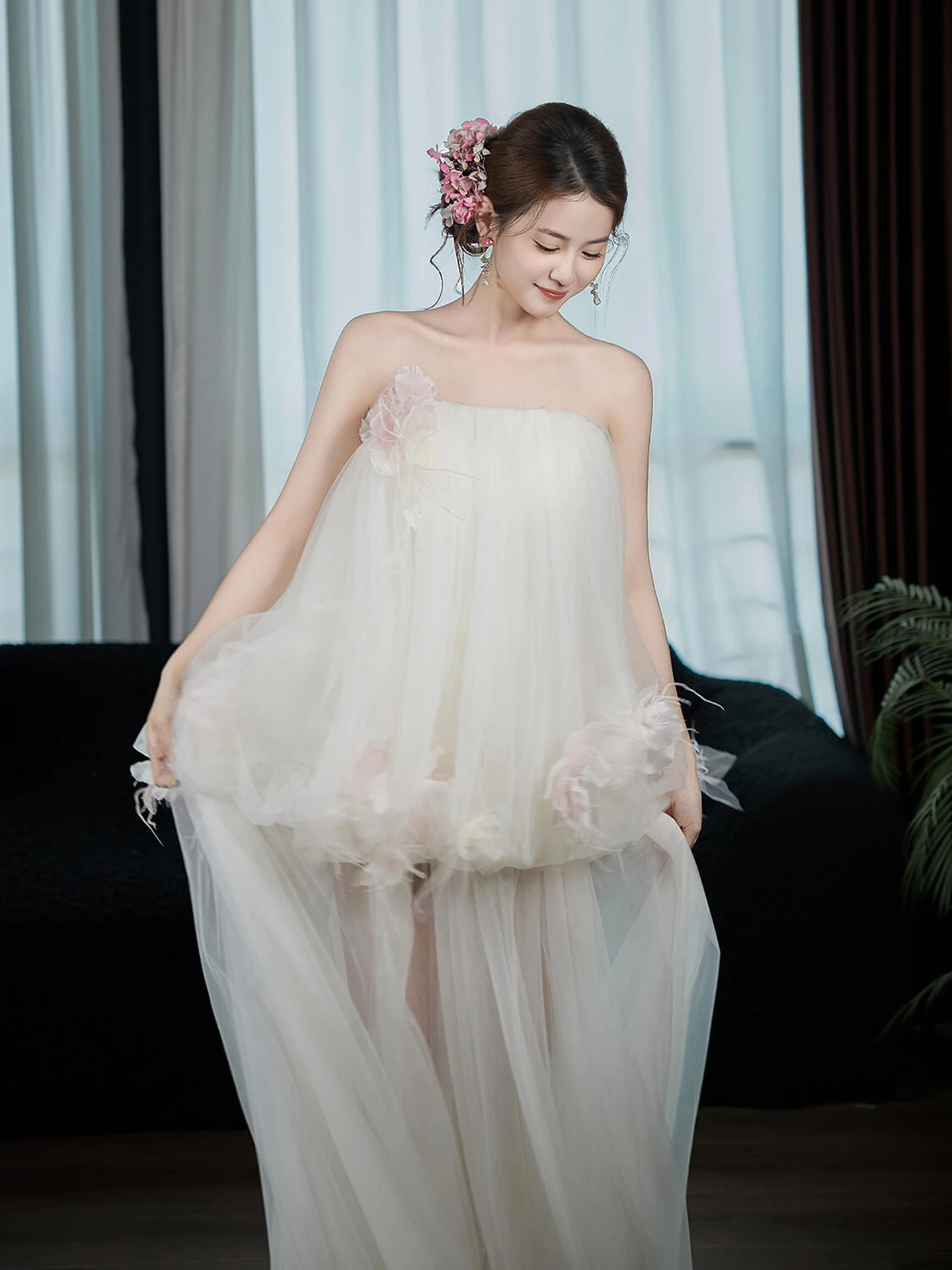 Fee-avondjurk Strapless baljurk Galajurk Feestjurk met veters aan de achterkant Roze appliqué