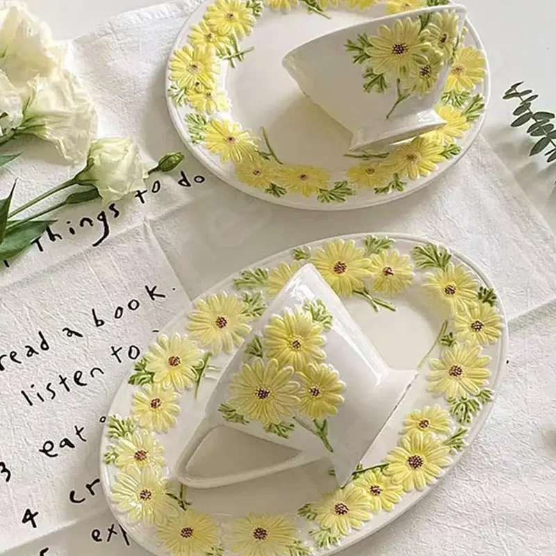 

Small Fresh Korean Plate Daisy Suit Ceramic Plates Underglaze Color Plates Breakfast Bowl Coffee Cup Oval Plates Soup Tableware