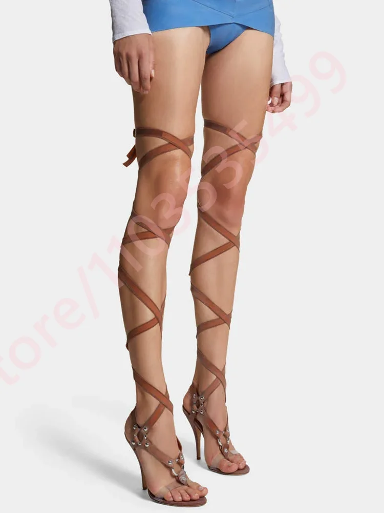 

Коричневые сапоги выше колена с перекрестным ремешком, новинка лета 2023, пикантные вечерние римские сандалии на шпильке с застежкой-носком, уличные модные повседневные ботинки для подиума