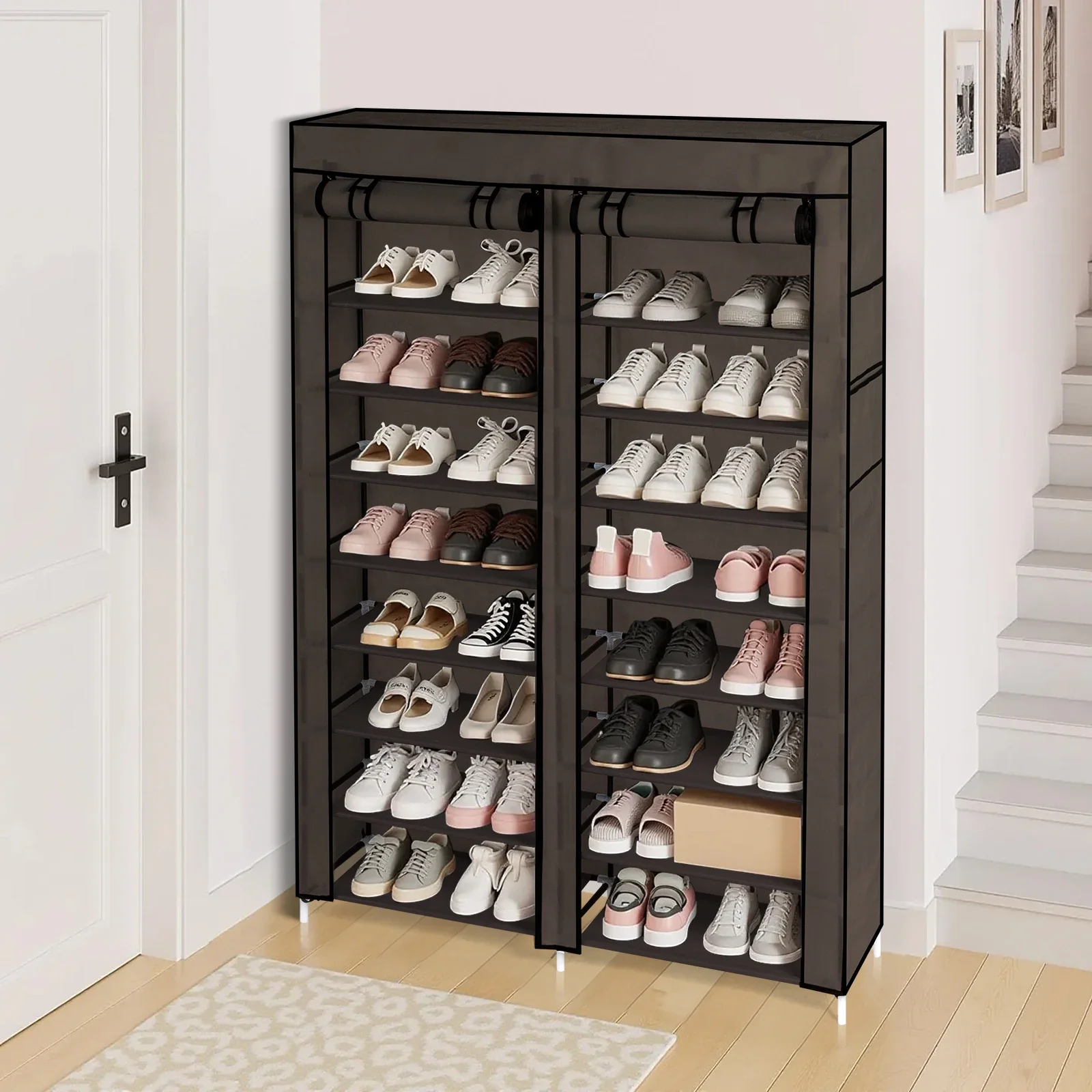 US Stock FCH Double Row 10-Tier Non-Woven Fabric Shoe Cabinet with Iron Pipes and Plastic Components, Brown