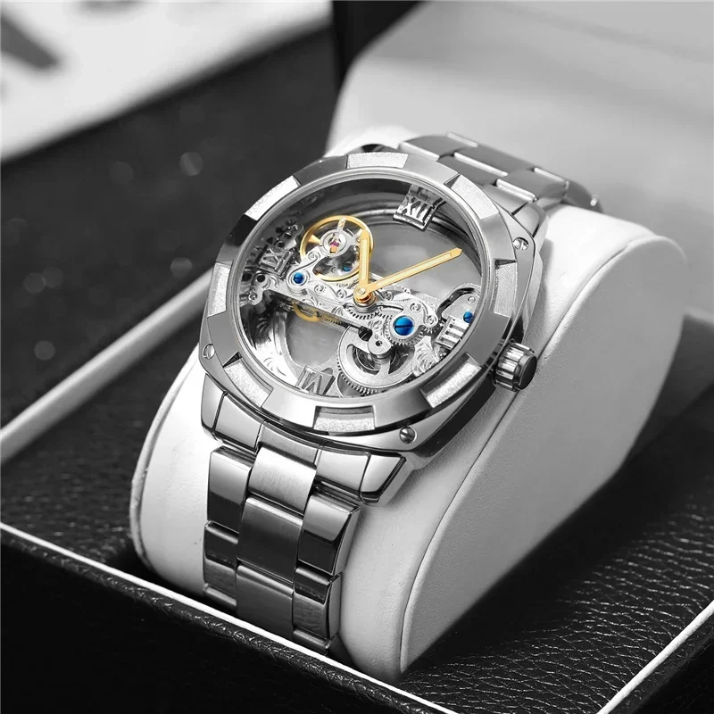 NEW Forsining Transparent Automatic Mechanical Watches Men Stainless Steel Strap Vintage Skeleton Watch Luminous Male Clocks