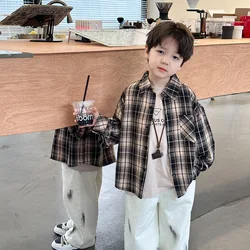 Sping Autumn baby shirts children fashion plaid long sleeve shirt boys turn-down collar loose cotton Tops