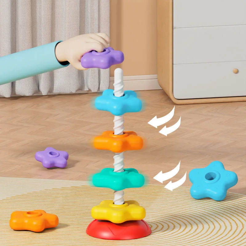 Montessori Rotating Rainbow Tower Baby Stacking Puzzle Toys Toddlers Motor Skill Develop Sensory Game Educational Spinning Toys