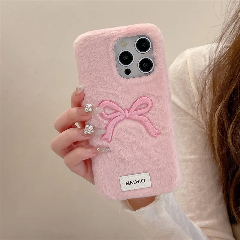 

Plush Embroidered Bow Shock-proof Case for iPhone Pink Fluffy Soft and Warm Cover, 16, 15, 14, 13 Pro Max, 14Pro Max Fall Winter