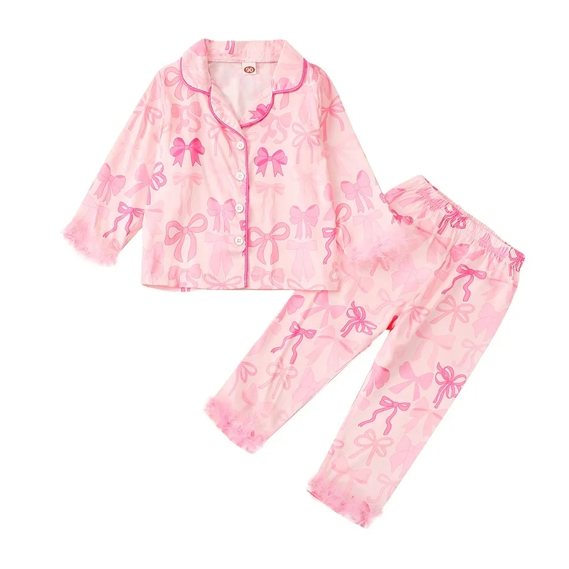 

Kids Girls Pajamas Set Bowknot Print Feather Trim Shirts Tops Long Pants 2 Pieces Lounge Suit Sleepwear