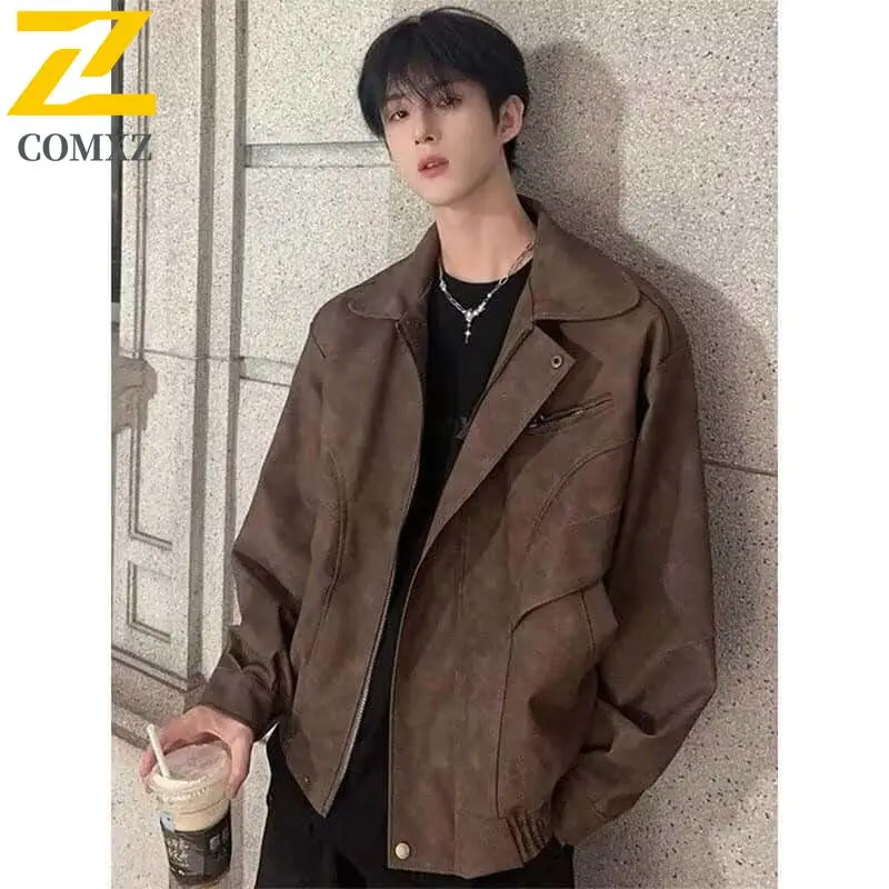 

2025 New Men Leather Jacket Spring Autumn Retro Fashion Classic Slim Fit Windproof Collar PU Leather Jacket Street Casual Jacket