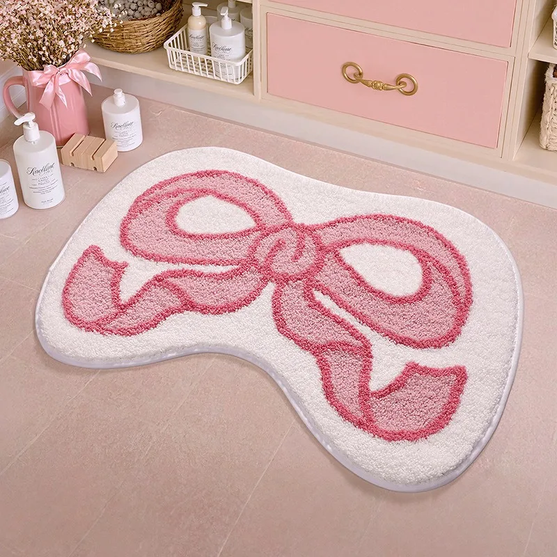 CODROK Cute Cartoon Pink Bow Pattern Irregular Shape Rug Bathroom Anti-Slip Tufted Carpet Decor Kids Bedroom Rugs